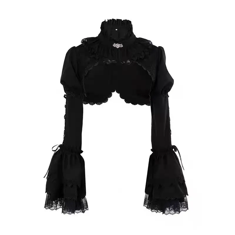 Japanese Gothic Y2k Lolita Cardigan Blouses Women Loose Puff Sleeve Lace Patchwork Black Cropped Shirts Harajuku Punk Capes Tops