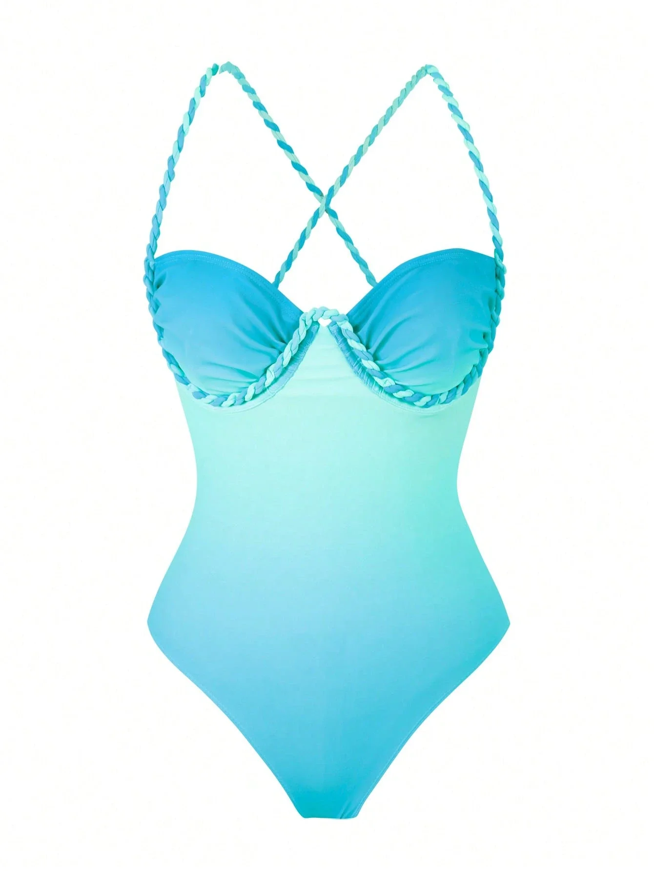 

Элегантный синий купальник с градиентным эффектом, состоящий из двух частей, с плетеными бретелями и сетчатой юбкой для пляжного отдыха.