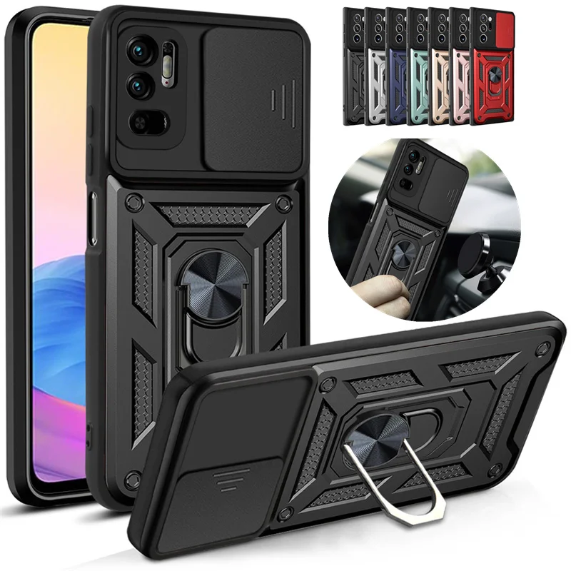 Slide Camera Lens Protection Case For Xiaomi Redmi Note 10 4G 5G 10S Car Hoder Ring Shockproof Armor Phone Cover for Poco M3 Pro