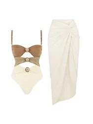 2025 New Sexy Hollow Out One Piece Swimsuit And Beach Sarong Swimwear Women Patchwork Bathing Suits Summer Beach Wear Swim Suit