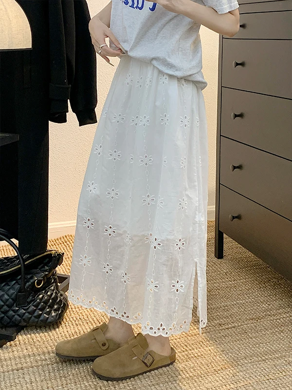

White Asymmetrical High Waist A-Line Skirt Korean Sle Commute f-length Hollow out Design Mid-length Skirts for Women