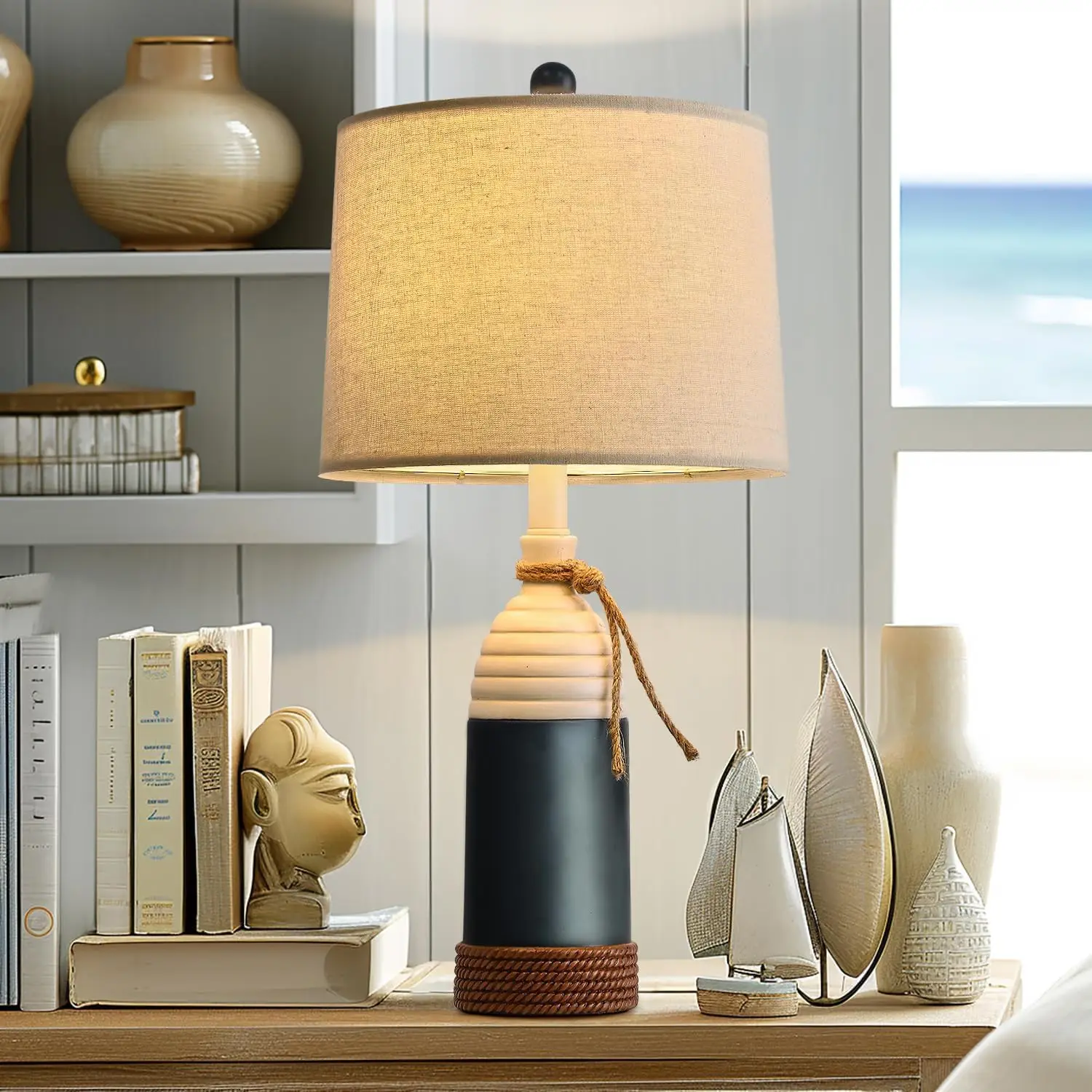 مصباح طاولة ساحلي باللون الأزرق الداكن مقاس 23.75 بوصة لغرفة النوم وغرفة المعيشة، ديكور حديث للمزرعة مع ضوء ناعم