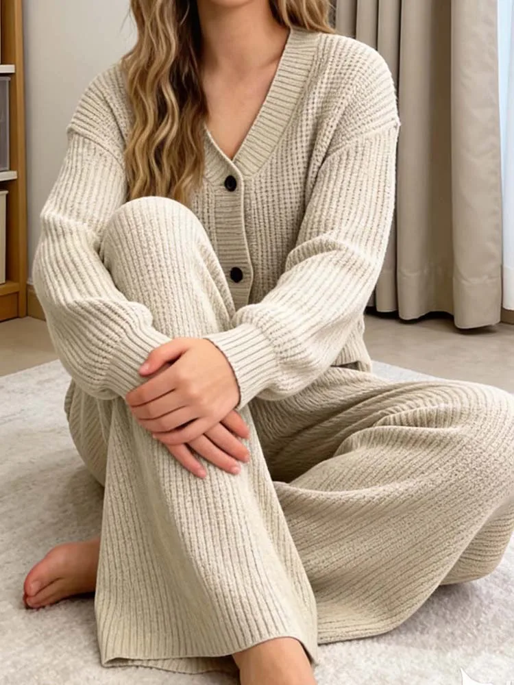 レディース秋冬ゆったりカジュアル万能ルーズウールオープン トップスとウールパンツのツーピースセット