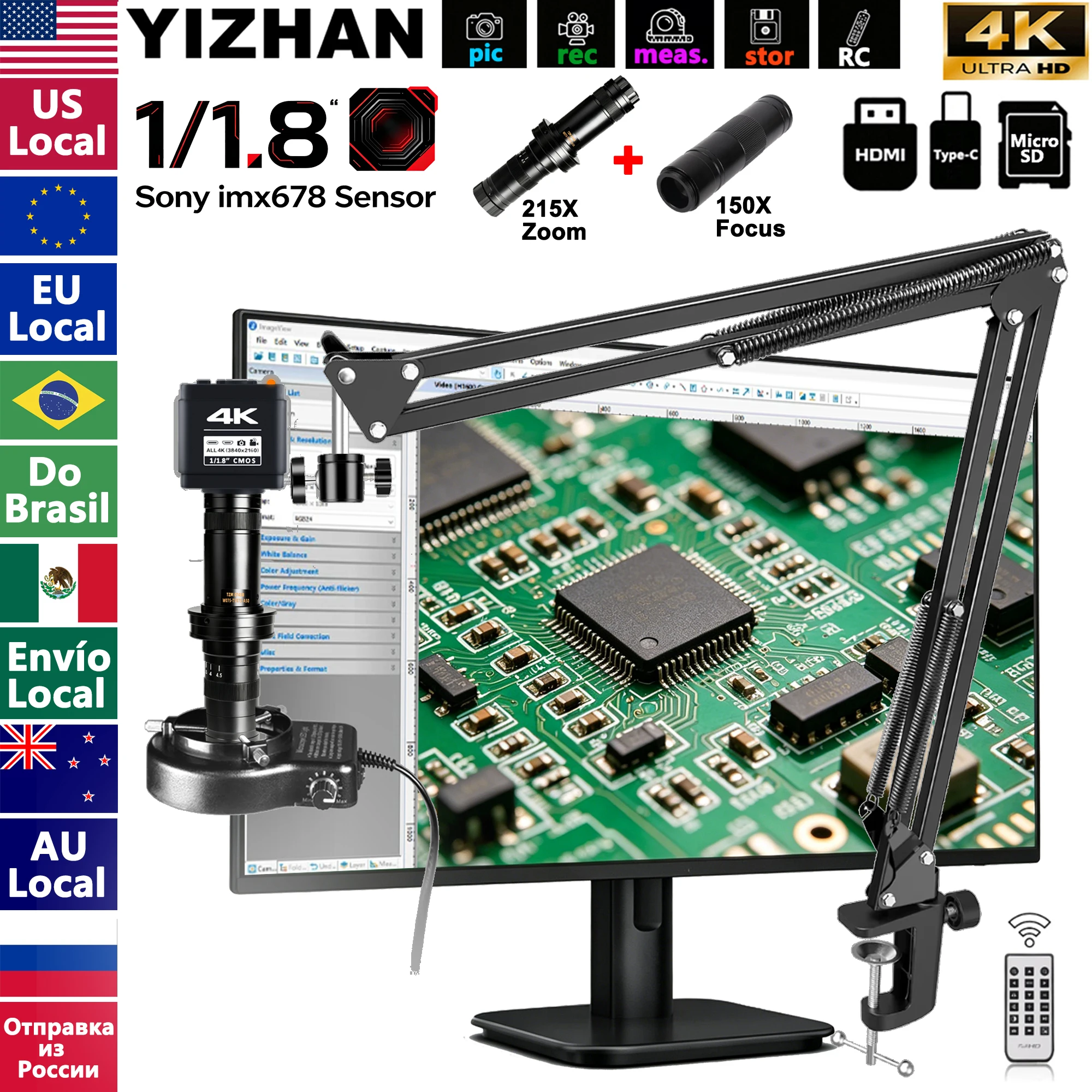 EU LOCAL+, YIZHAN 4K mikroskope digital, 1/1,8-Zoll IMX678 Sensor, 215-facher Zoom, 150-facher Fokus, Dual-Objektiv, Hervorragende Detailgenauigkeit und Arbeitsabstand, Lupe Elektronik
