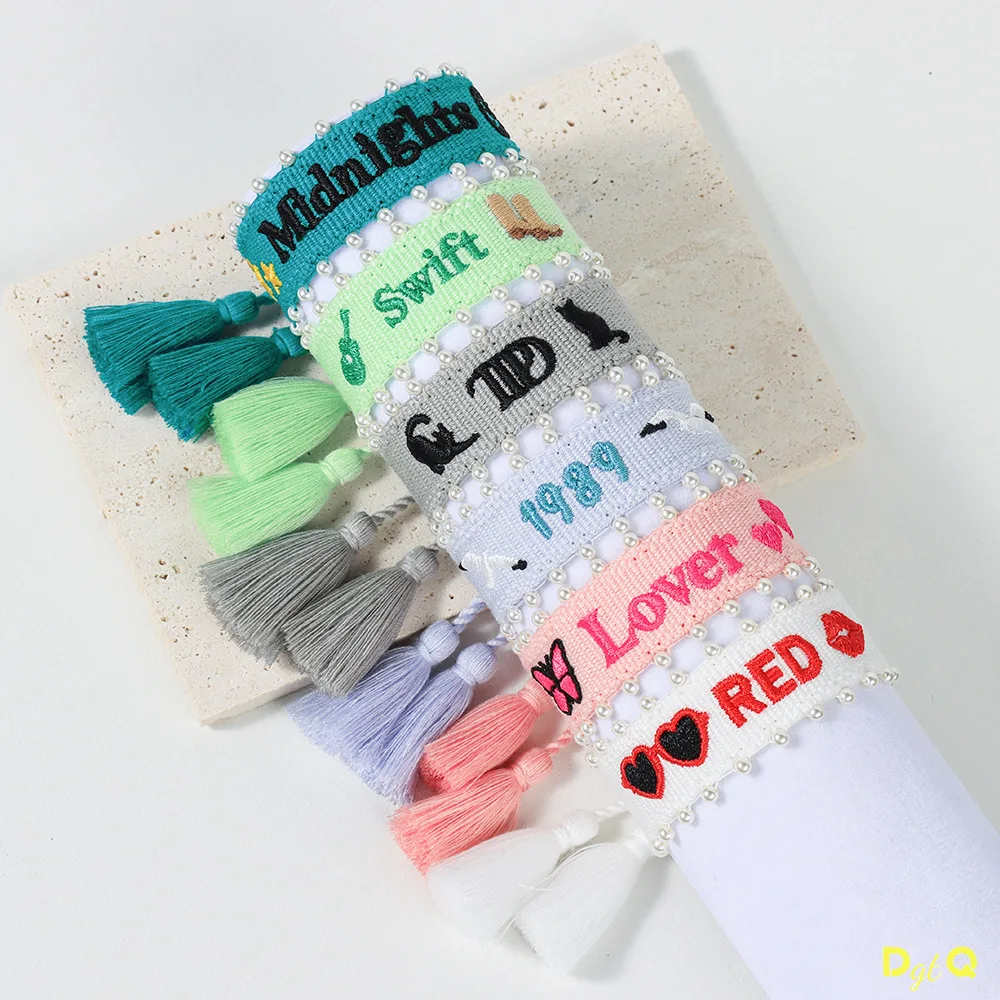 Fashion Handmade Knit Pearl Music Festival Fans Bracelet Adjustable Letter Embroidered Album Friendship Bracelet for Women Men