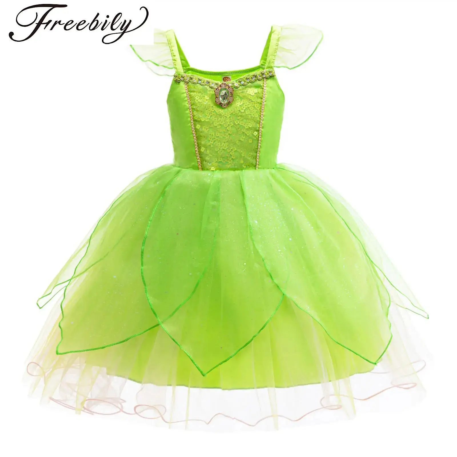 

Girls Green Fairy Dress Flying Sleeve Rhinestone Mesh Puffy Sequin Princess Dress Halloween Xmas Cosplay Fancy Birthday Party