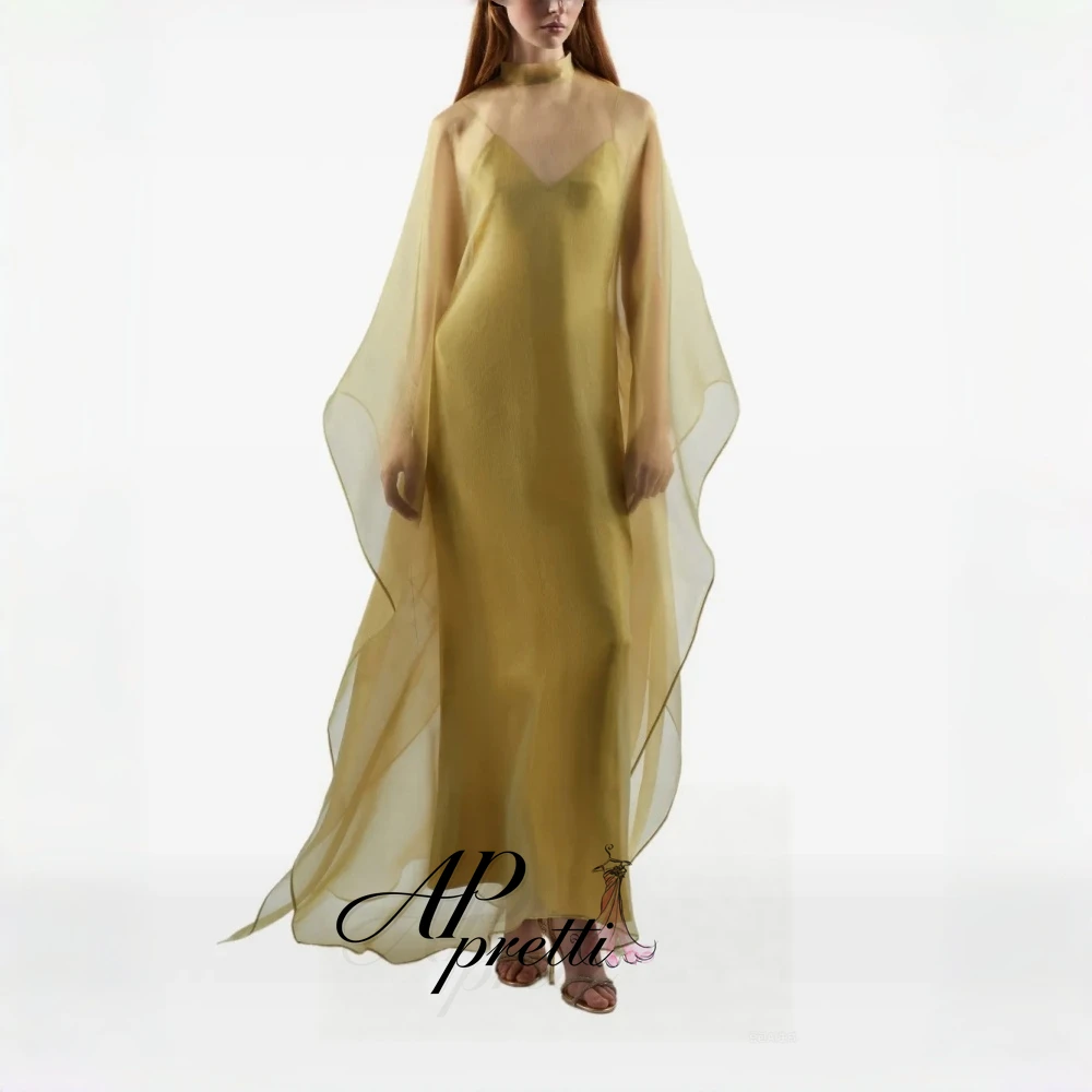 AP pretti High Neck Flowy Cape Evening Dress Customized Sheer Illusion Chiffon Spaghetti Strap Inner Party Gown Vestido De Noche