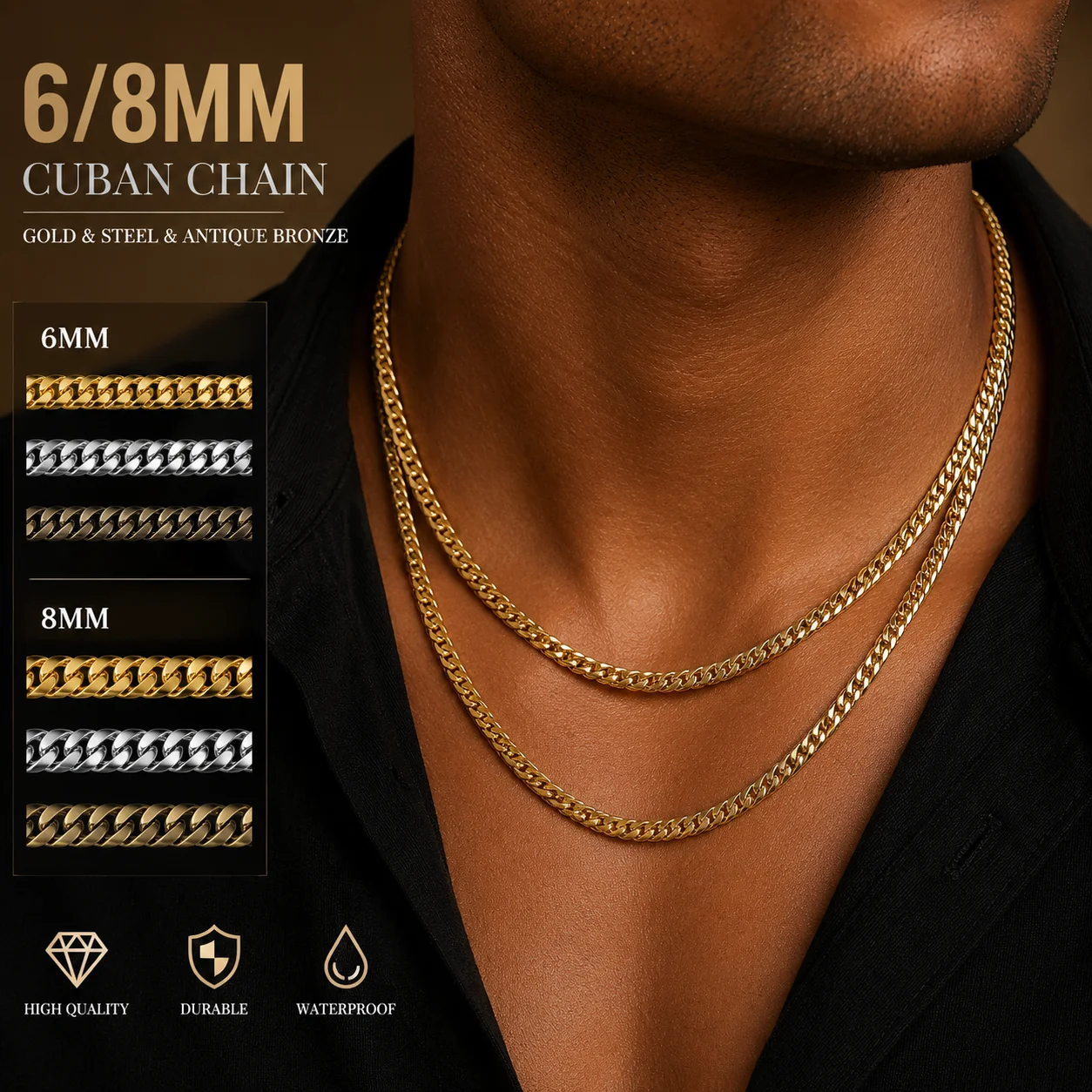 

Cuban Chain Necklace for Men Women,Basic Punk Stainless Steel Curb Link Chain Chokers,Vintage Gold Color Solid Metal Collar