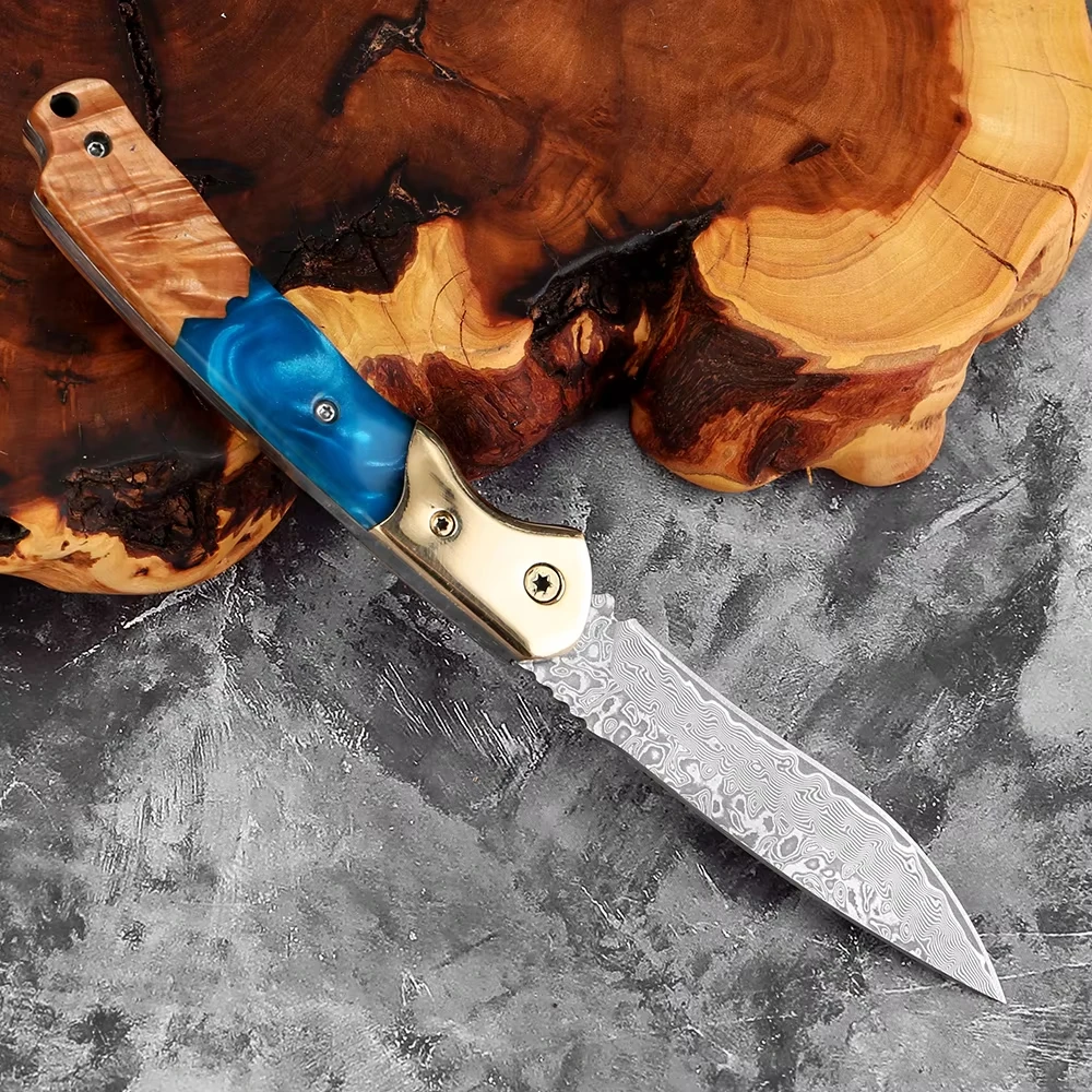 

Premium Damascus Steel Folding Knife with Hand-Forged Patterned Blade Sharp Outdoor Camping EDC Pocket Knife Men's Gift