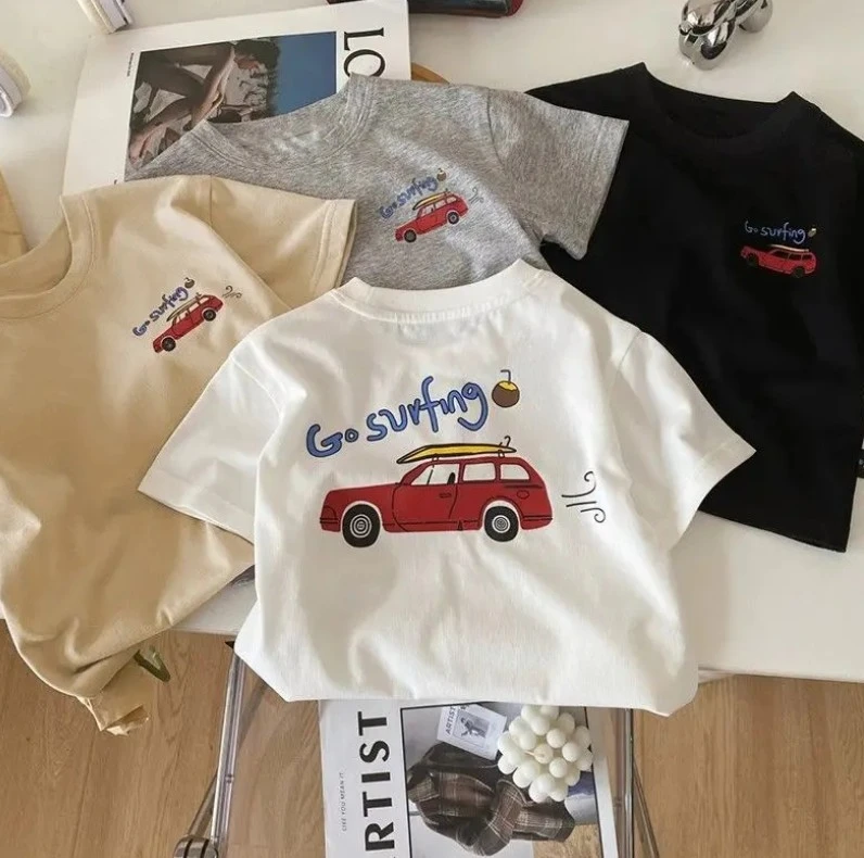 Camiseta de algodón de verano para niños pequeños con diseño de coche de surf, tops cómodos para niños, disfraz de bebé, ropa fina para niños, tops de ropa para bebé