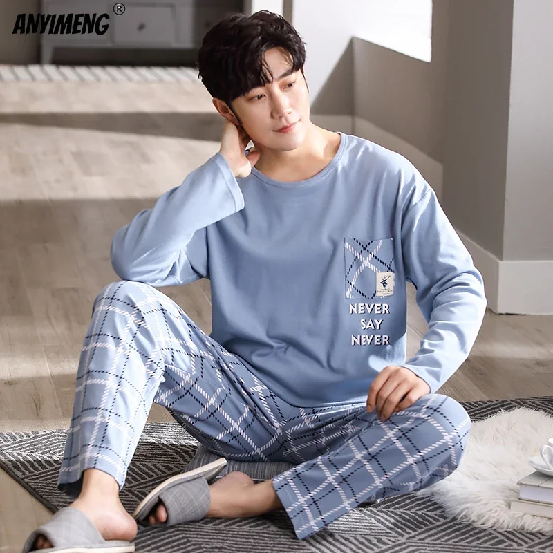 L-4XL Man Pajama Set Spring Autumn New Cotton Long Sleeve Sleepwear for Man Big Size Pullover Homewear Minimalist Boy Loungewear