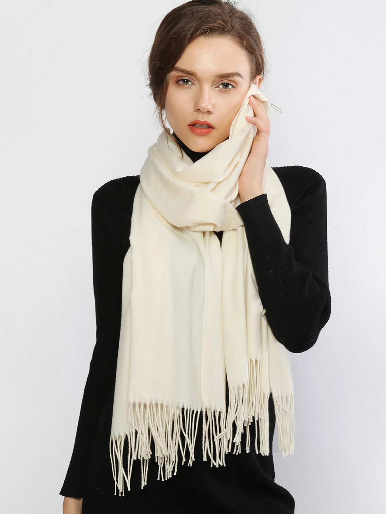 

Solid Color Winter Cashmere Shawl Stoles Palin Long Scarf For Women Tassel Fashion Scarf Foulard 185*65cm