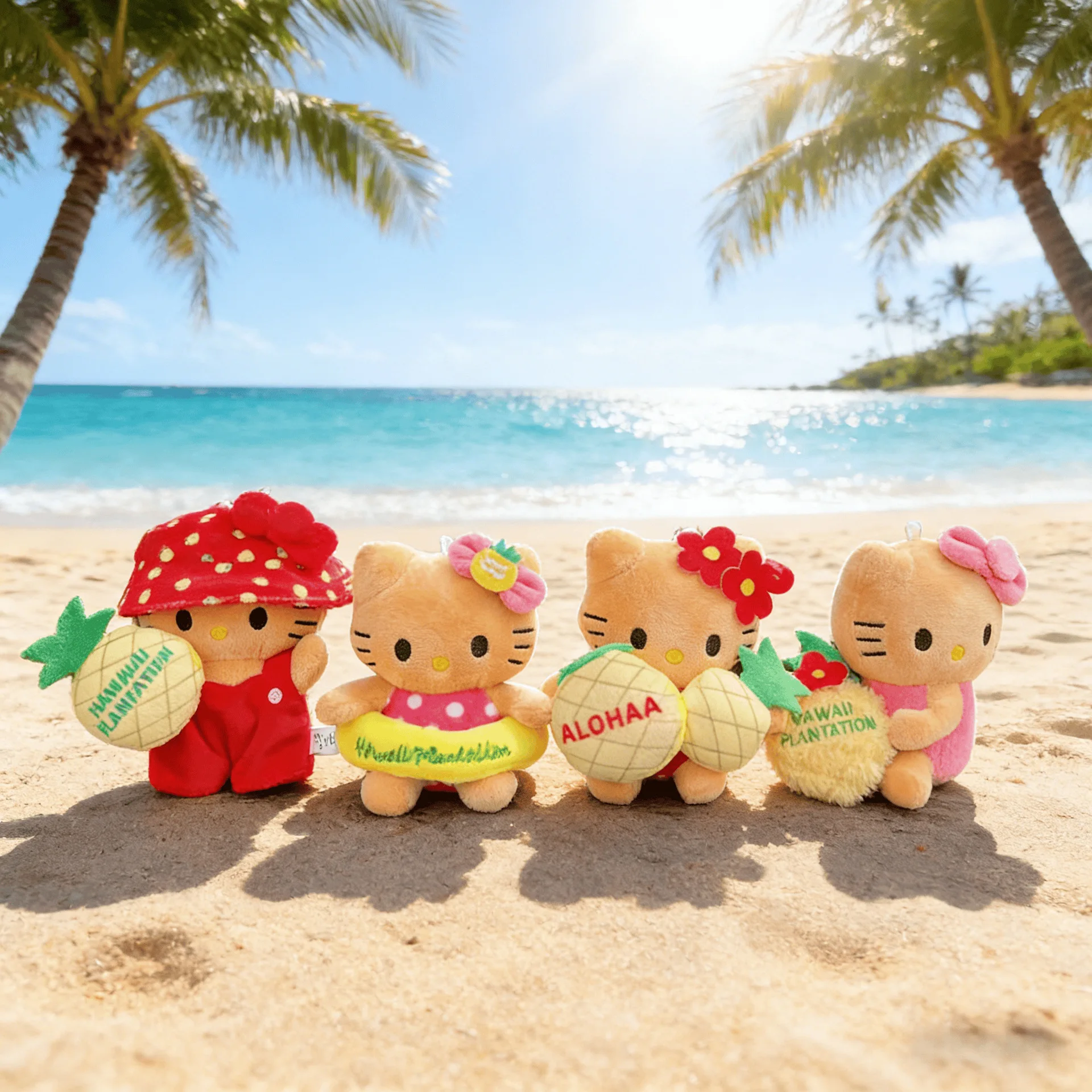 

New Hello Kitty Hawaii Pineapple Plush Keychain Cute Summer Beach Doll Figure Bag Charm Pendant Gift for Girls Fans Collection