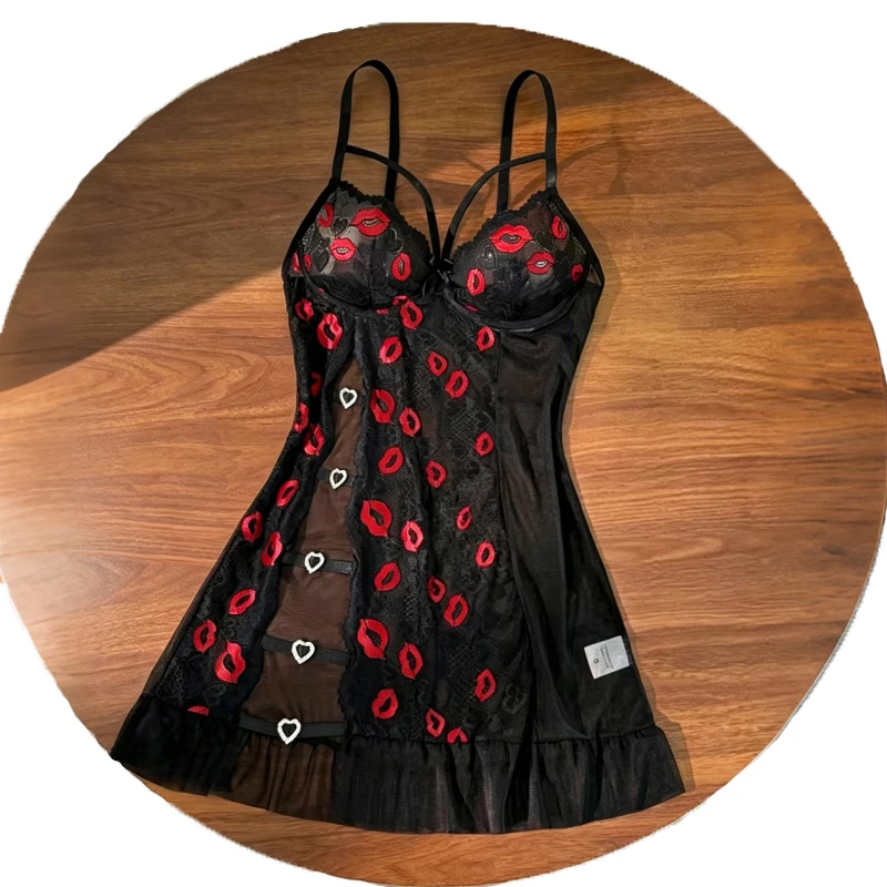 Women Boudoir Pajamas Red Lip Embroidery Heart Rhinestone Babydoll Night Dress Spaghetti Strap V Neck Side Slit Mesh Nightgown