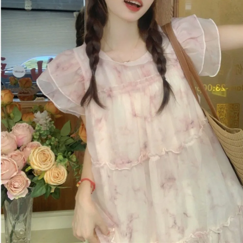 French Elegant Sweet Chiffon Dress for Women Summer Mori Girl Cute Fairy Aesthetic Loose A-Line Pink Blue Long Dresses Vestidos