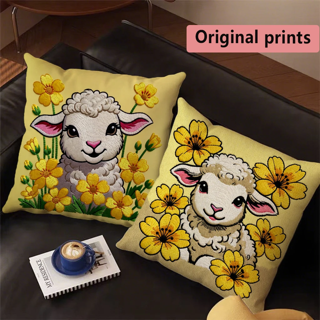 Cute Sheep Floral Spring Throw Pillow Covers Pattern Cushion Cover Suitable For Sofa Bedroom Car Pillow Cover