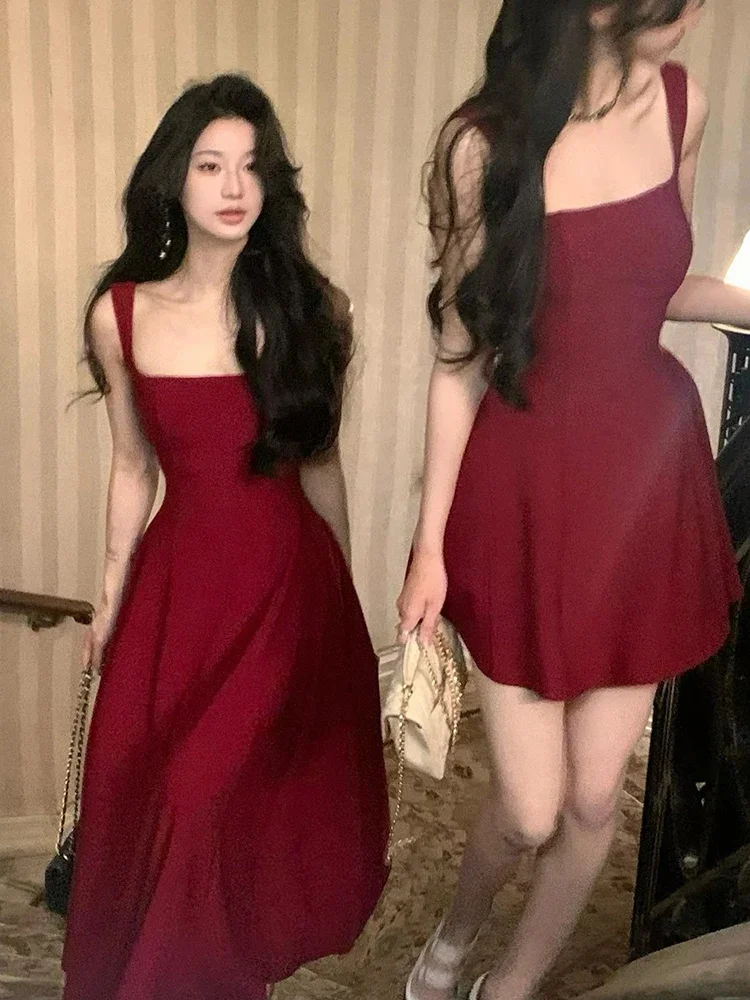 Elegant Korean Fashion Summer Evening Party Red U-neck Sling Dress Lady Casual High Waist Sleeveless Strap Mini Dress for Women