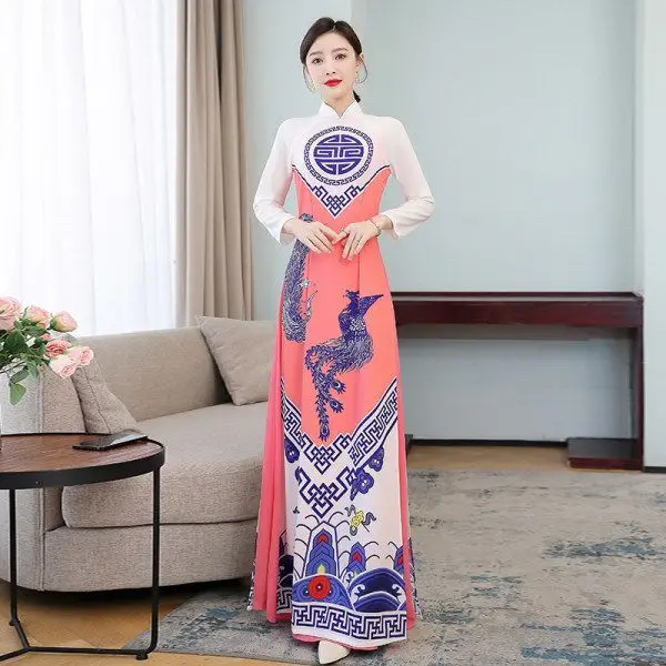 

Catwalk short sleeve cheongsam long dress improved Vietnam Audrey Ao Dai qipao cheongsam dress dance dress