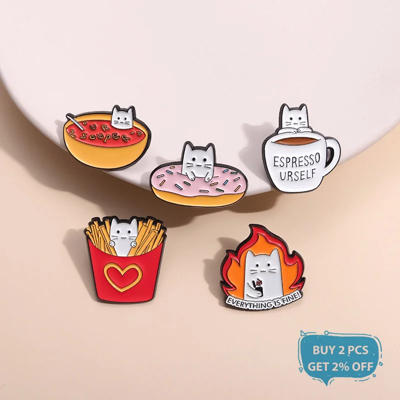 Espresso Urself Enamel Pins Creativity Cat Donut French Fries Soup Brooches Lapel Badge Cartoon Jewelry Gifts Wholesale