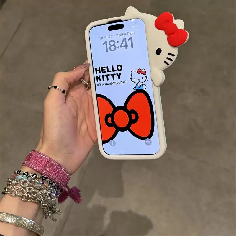 

Cute Probe Heart Hello Kitty Cat Head Bow Phone Case For iPhone 16 15 14 13 Pro Max 11 12 13 Pro Creative Cartoon Y2K KT Cover