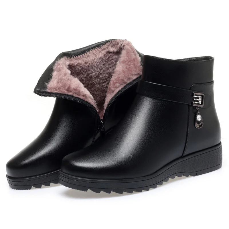 Botas de Mujer gruesas de felpa cálidas Botas de Invierno con cremallera lateral botines de Mujer Botines cortos de cuero de alta calidad Botas Invierno Mujer