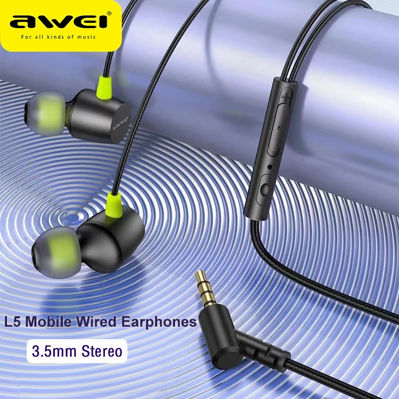 Awei L5 Sports In-ear Earphones With Mic Wired Headset Mini Stereo 3.5mm Earbuds Braided Cable Headphone for Phone Wholesale