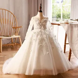 Jill Wish J088 Luxury Dubai White Flower Girl Dresses Pearls Beads Flowers Princess Gown for Kids Birthday Wedding Party Pageant