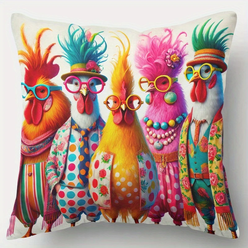 2D flat-Funky Fashion Rooster Throw Pillow Cover,Vibrant Anthropomorphic Chicken Decorative Pillow Case