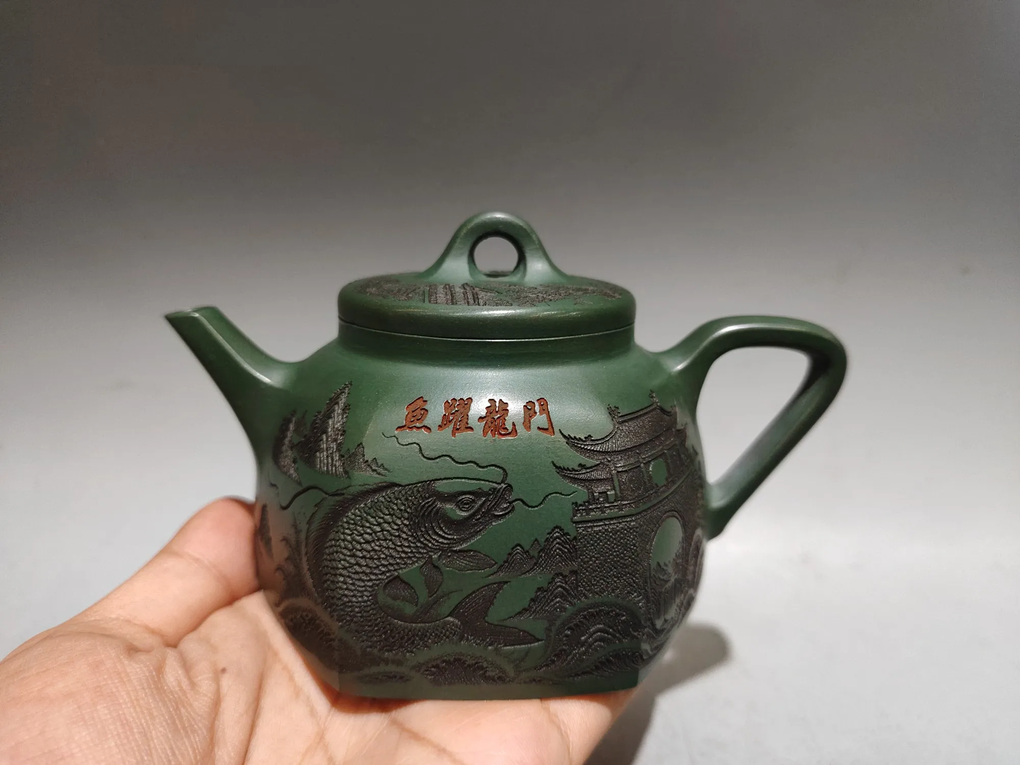 

Старый китайский чайник ручной работы YiXing Zisha, шестиугольный чайник с рыбой и воротами дракона
