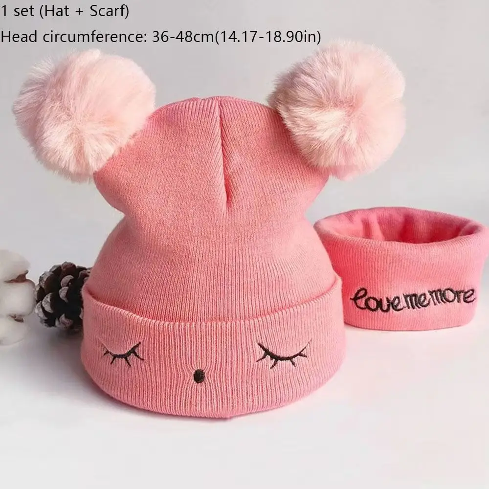 Cute Cotton Wool Knitted Bonnet Pompom Beanie Winter Hat Solid Color 2-piece Set Baby Hat