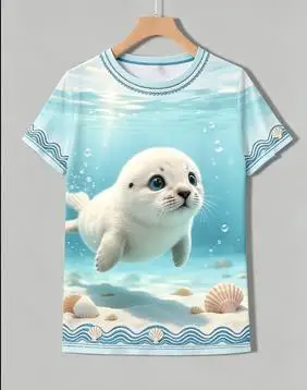 Kids Crew Neck Short Sleeve T‑shirt Cute Baby Seal Underwater Ocean Seashell Bubble Sea Sand Print Summer Casual Boys Girls Tops