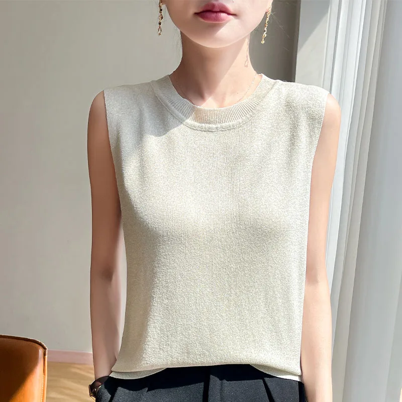 ฤดูร้อนคลาสสิกรอบคอเสื้อแขนกุดผู้หญิงถักผ้าไหมน้ําแข็งเสื้อกั๊ก Cool และ Breathable คุณภาพสูง Soft Tops