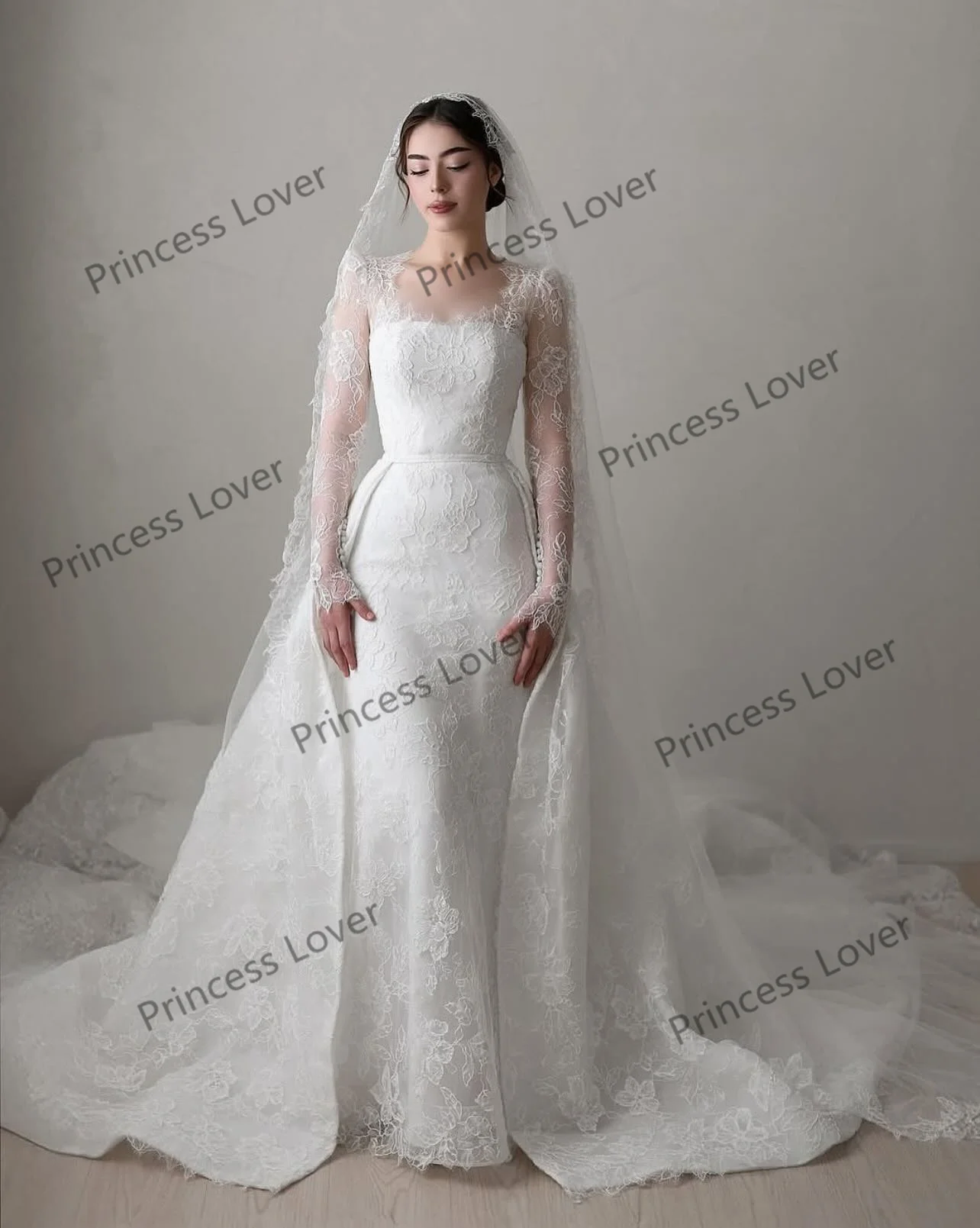 فستان زفاف بأكمام طويلة من الدانتيل مع ذيل قابل للانفصال فساتين حفلات الزفاف العربية فساتين حفلات العروس الرائعة حسب الطلب #4