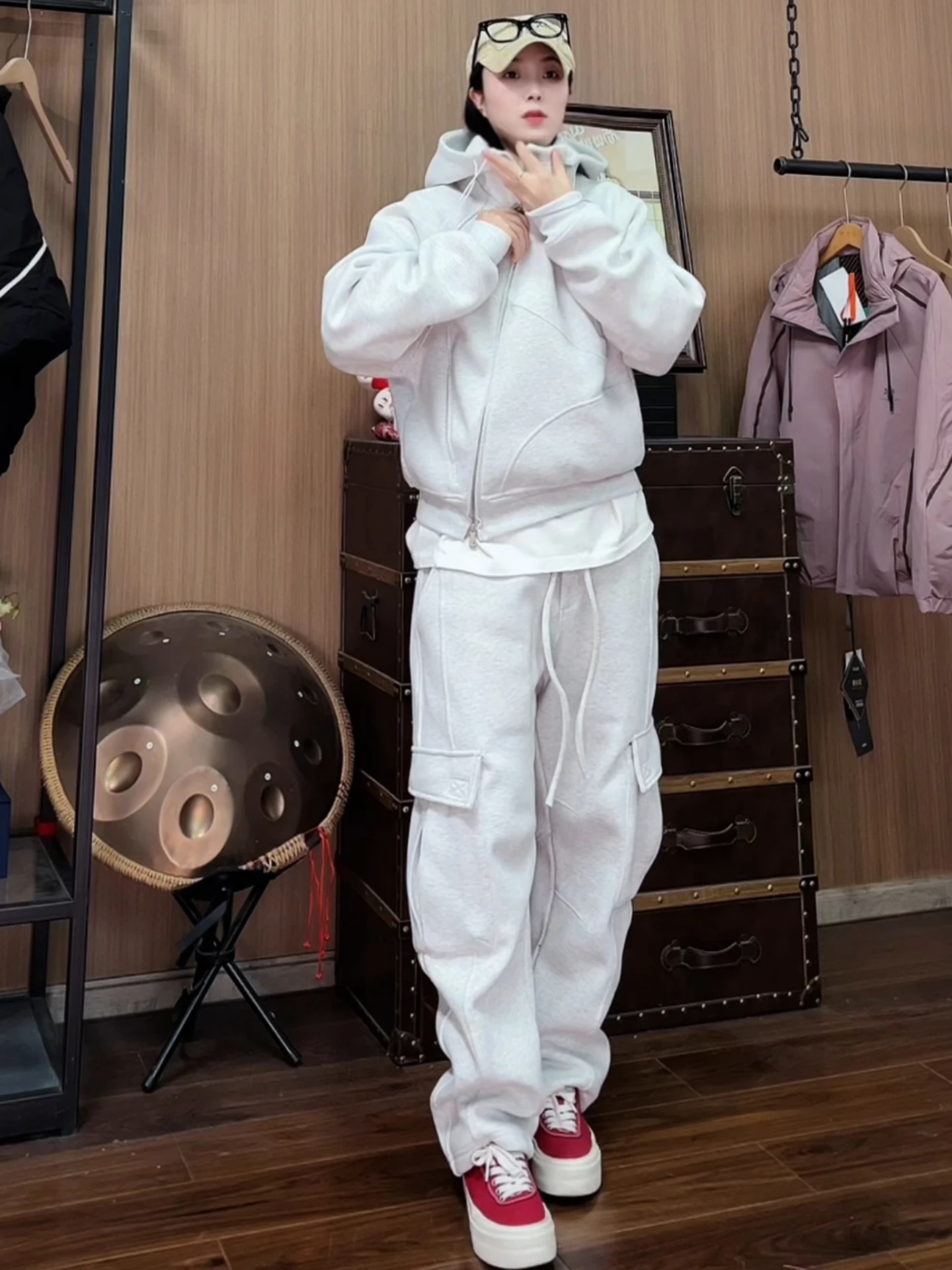 

Men's Winter Fce Lined Sports Set Hooded Zipper Structure Casual Sweatirt Pants Couple Matching Long Sve Youth Wear