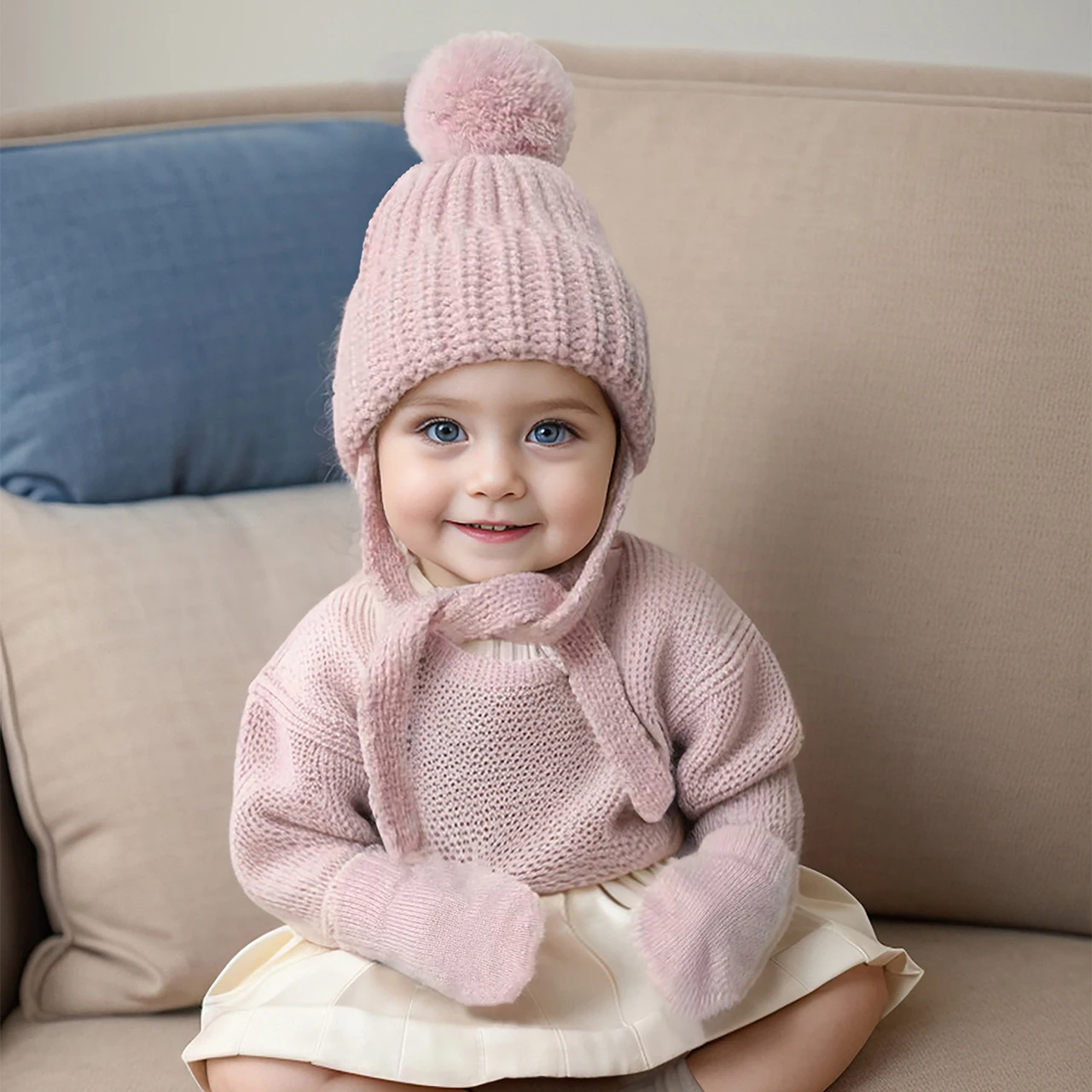 1Year Newborn Knitted Mittens Hat Set Winter Warm Ear Protection Cap Baby Fingerless Gloves Solid Color Children Woolen Beanies
