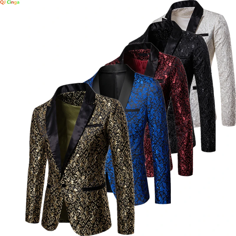 

Gold Jacquard Bronzing Floral Blazer Suit Mens Single Button Blazers Jackets Wedding Dress Party Stage Singer Costume XXXS-2XL