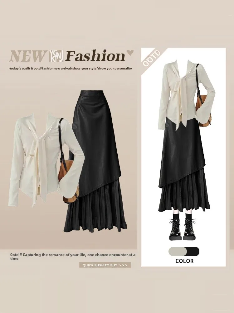 

Модный весенний комплект для женщин: юбка с асимметричным кроем и вязаный топ с длинными рукавами на завязках