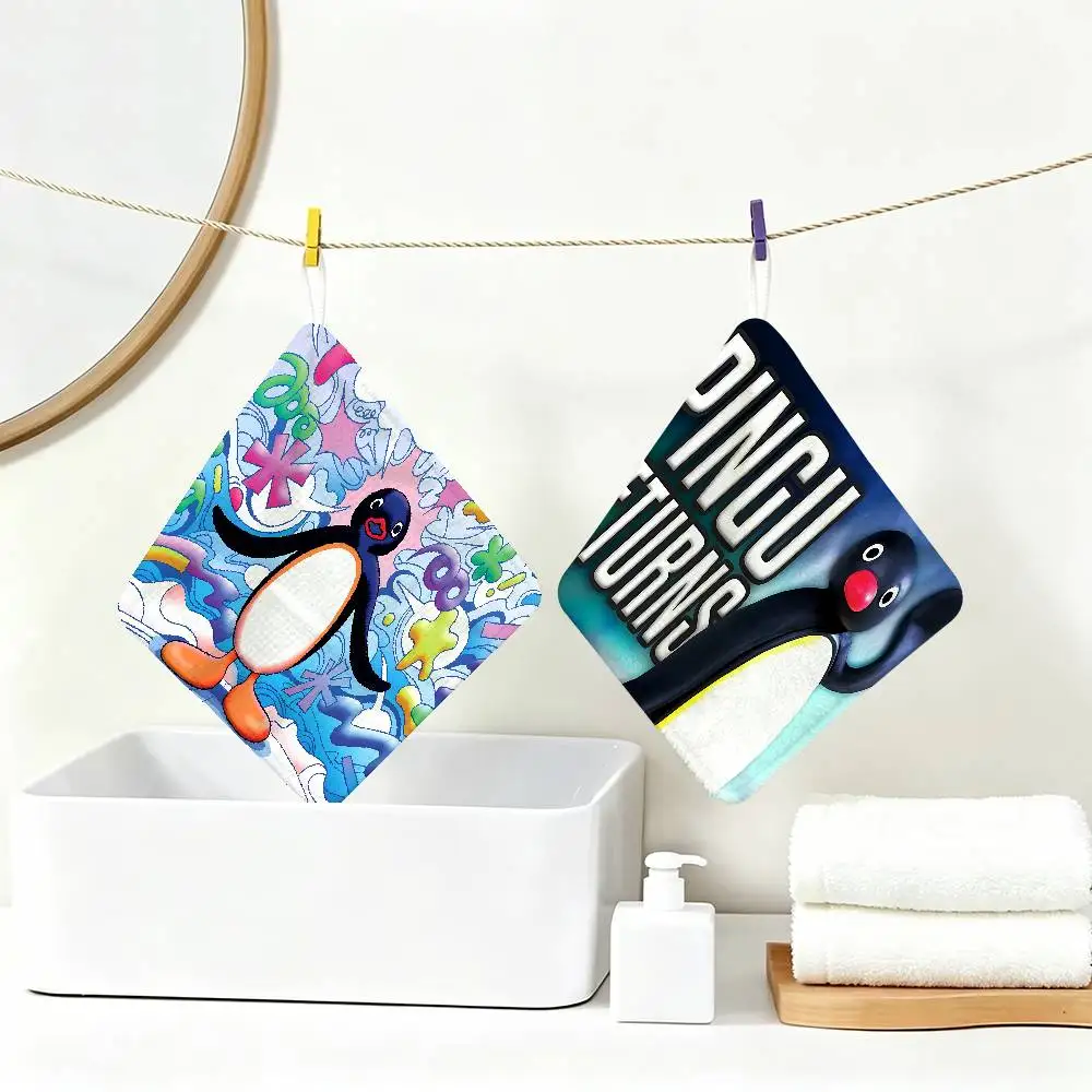 Cartoon Pingu Penguin Polyester Cotton Hanging Kitchen Towel, Absorbent Hand Wiping Cloth for Daily Cleaning Drying