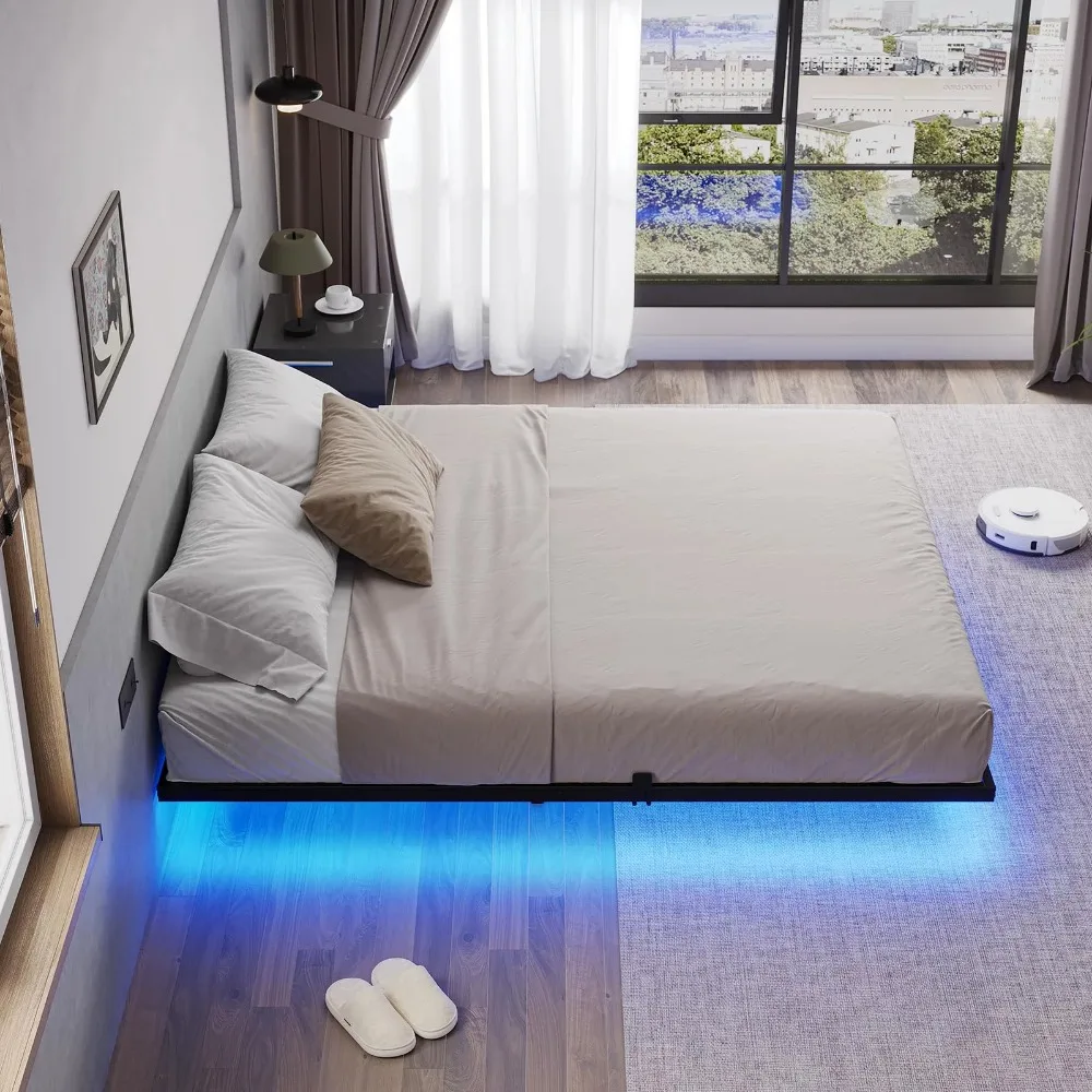 Plataforma de metal cama com luzes LED para quarto, cama flutuante, queen size, preto, sem caixa de mola necessária