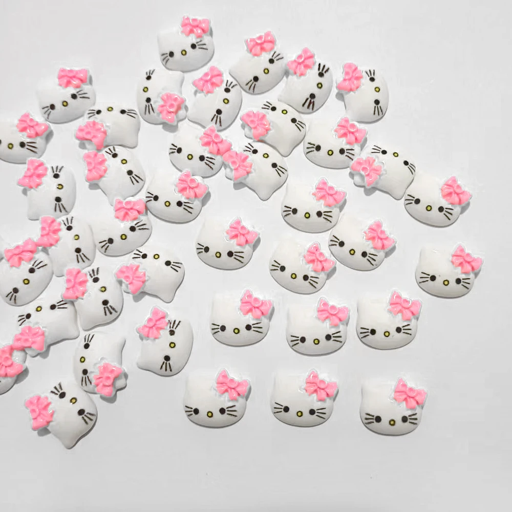 200 pcs Lovely Pink Kitty w/ Rhinestone Bow Kawaii Resin Cabochons 15mm  Phone Decor, Hair Clips, Embellishment, DIY SH370