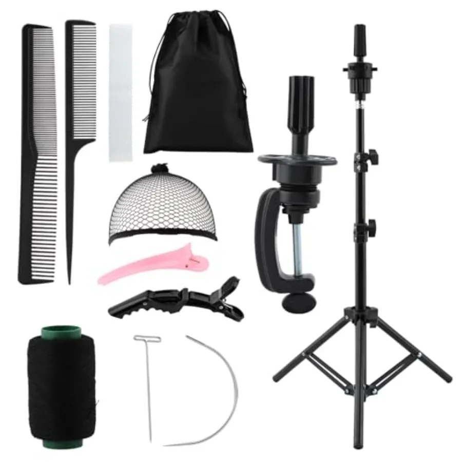 حامل شعر مستعار ثلاثي القوائم قابل للتعديل مع حامل مشبك للتدريب على التجميل وتصفيف الشعر، حقيبة تخزين محمولة متضمنة Su