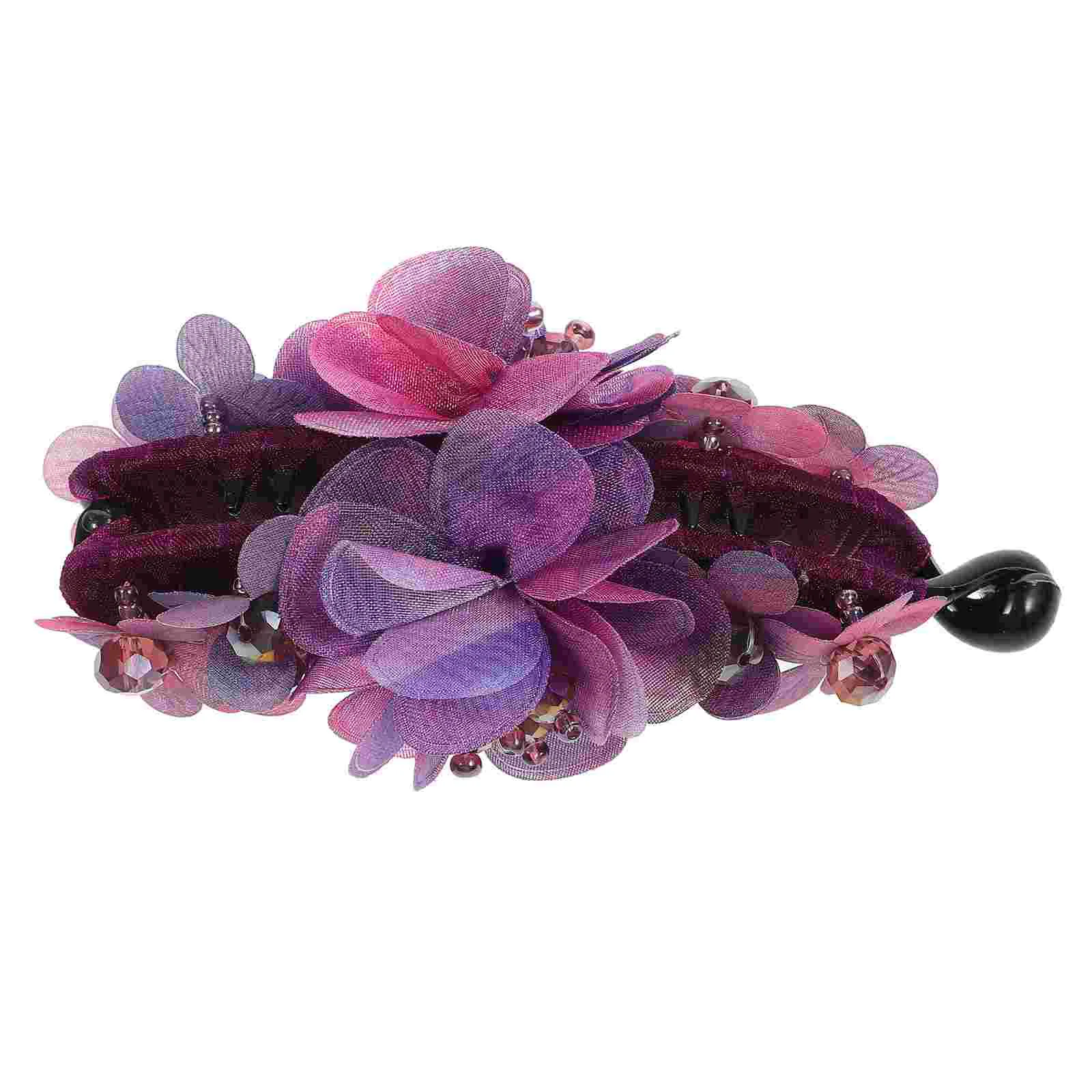 

1PC Fabric Flowers Beads Banana Hair Clip Ponytail Holder Hair Accessories for Women Girls (Purple) updo ponytail clip