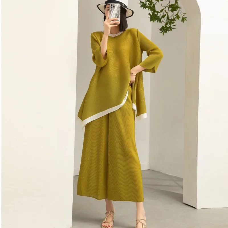 Women's Shirt Pants Two-piece Set with Round Neck Contrasting Irregular Pullover Top, High Waisted Straight Leg Wide Leg Pants