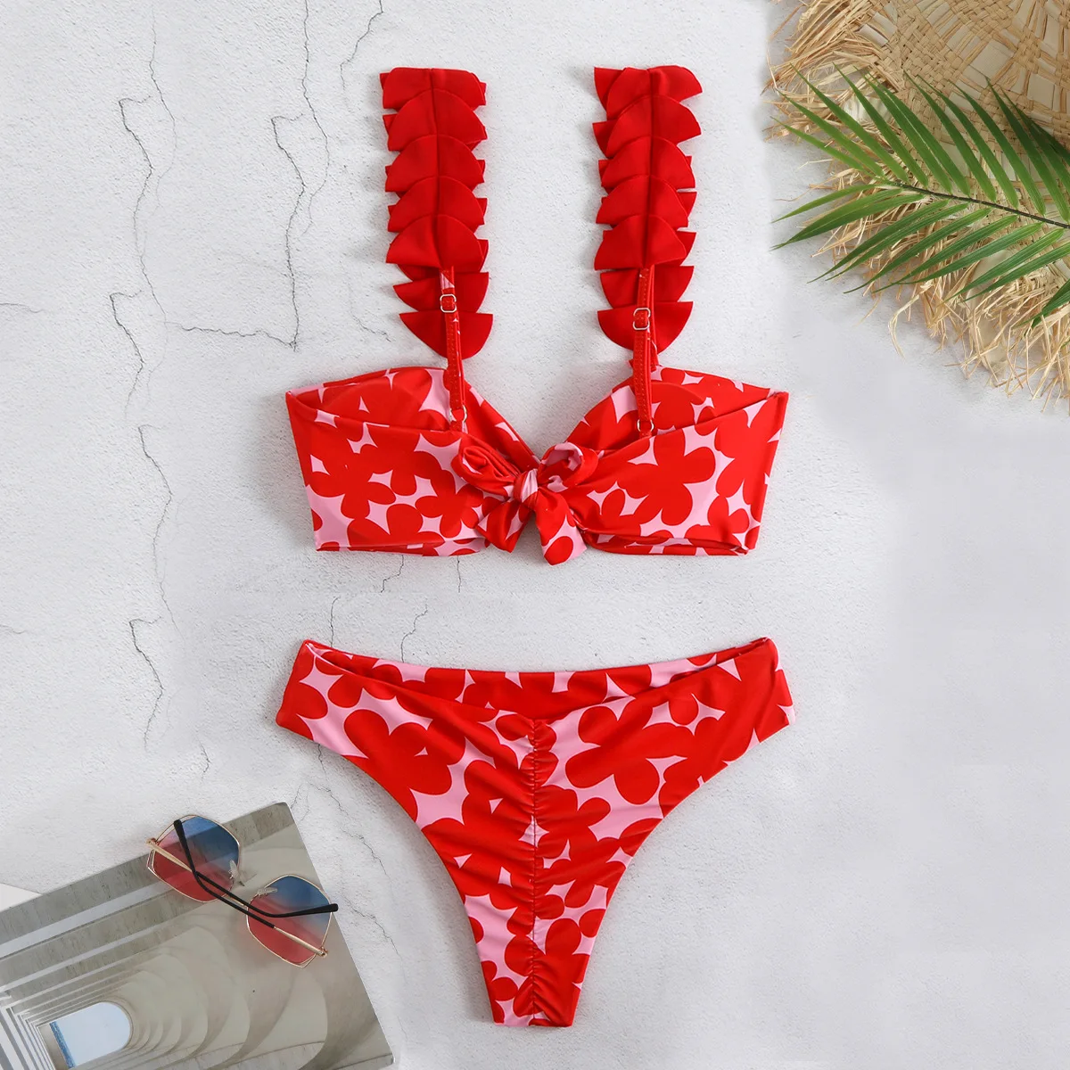 Floral Bikini Set 3D Petal Ruffle Strap Twist Front Crop Top High Cut Cheeky Bottom Women Two Piece Beach Swimwear Bathing Suit