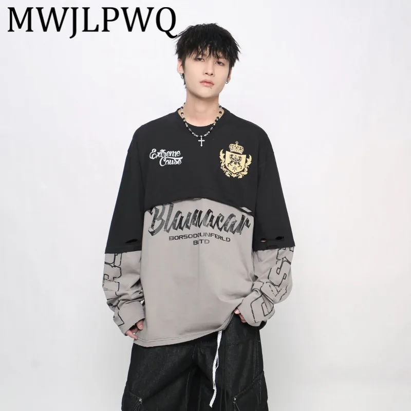 

MWJLPWQ American Cut Patchwork Fake Two-Piece T-Shirt Men's High Street Distressed Long Sleeve Trendy Niche Couple Tops 21127