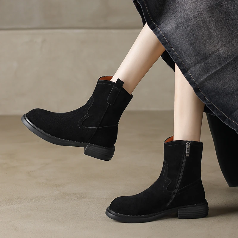 NEW Autumn Women Boots Cow Suede Leather Shoes for Women Round Toe Chunky Heel Short Boots Casual Zipper Platform Chelsea Boots