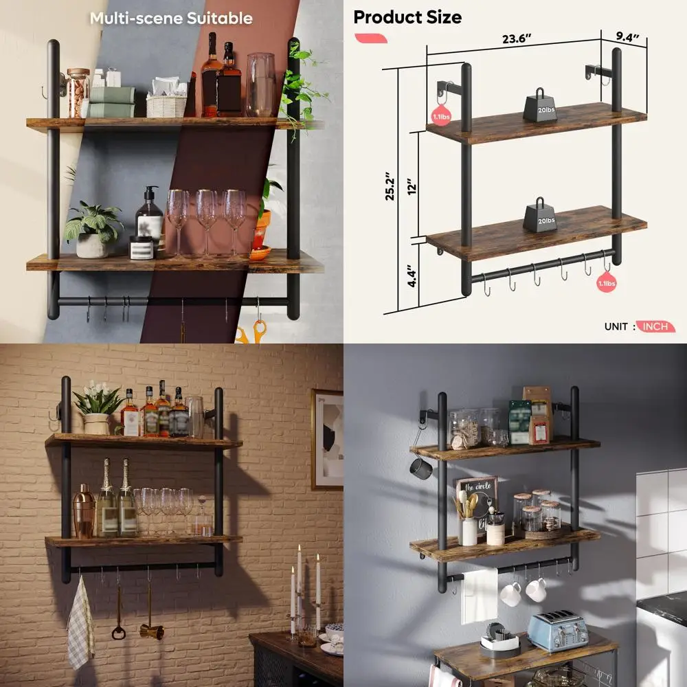 

24 Wall-Mounted 2-Tier Floating Coffee Bar Shelves with 8 Hooks, Suitable for Industrial, Kitchen, Living Room, and Bedroom, Rus