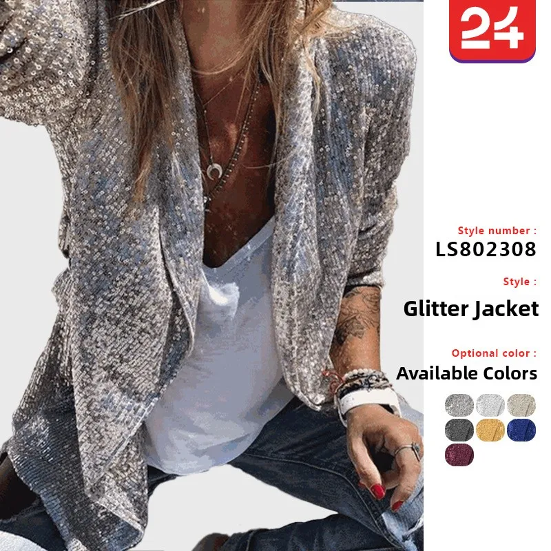 Spring 2025 Women's Shiny Sequin Long Sleeve Midi Suit Jacket Color Collar Outerwear Commute Style Polyester Fiber Office Wear