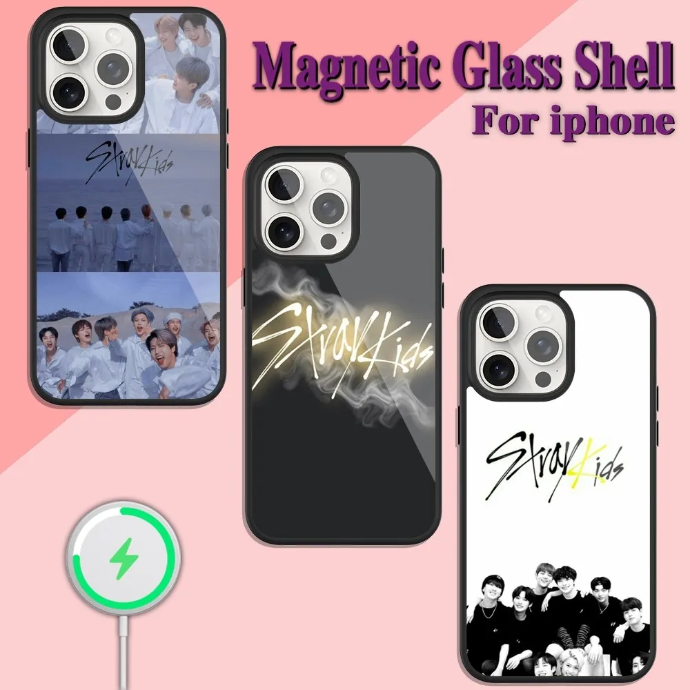 Kpop Stray Kids Phone Case For iPhone Charging 13 14 15 11 12 Pro Max Plus Glass Magsafe Magnetic Shell