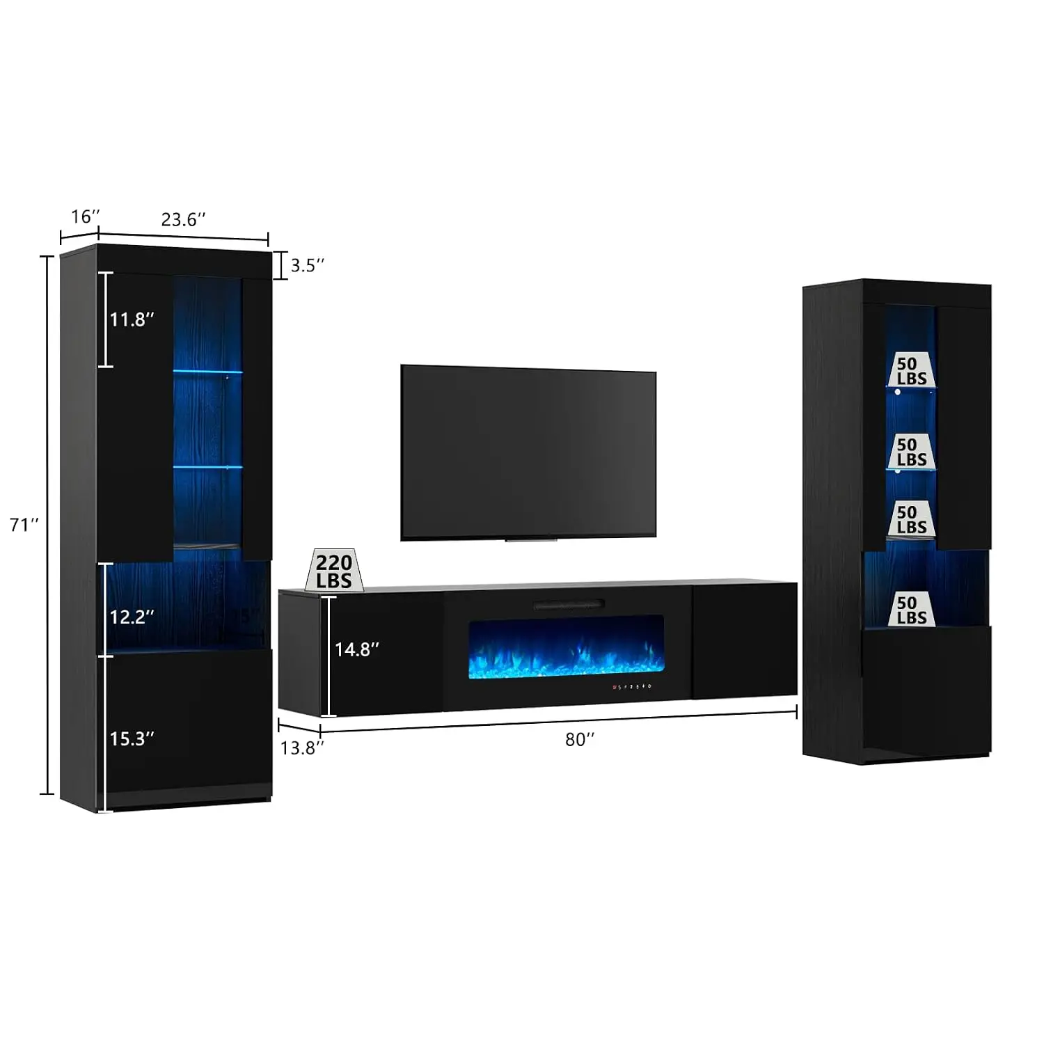 High Gloss Living Room Entertainment Center with LED Lights, Including Floating Fireplace TV Stand with 40